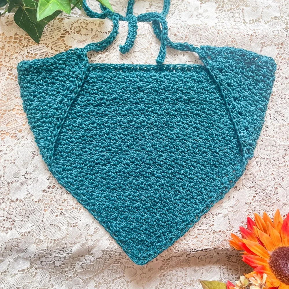 Handmade Cottagecore Teal Blue Crochet Bandana Hair Kerchief